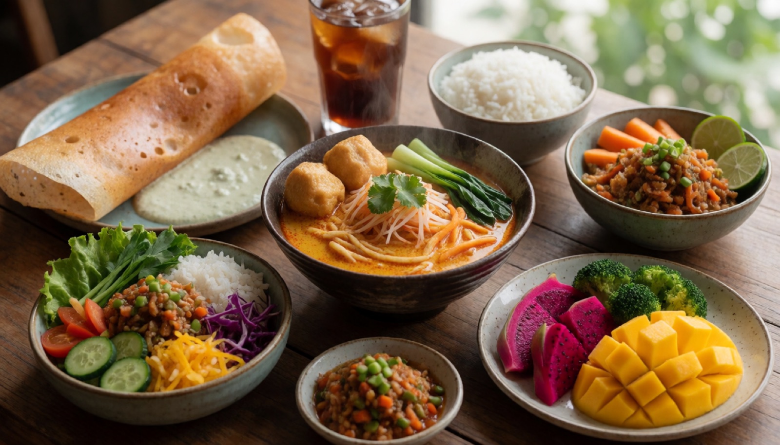 A colourful spread of Singapore vegetarian dishes